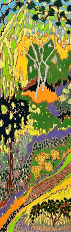 Bloom III von Marjet Visscher | landschaft Gemälde in softpastell auf Holz 20 x 60 cm