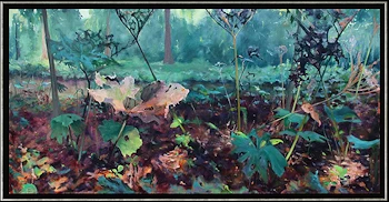 Hoefbladwereld I van Marjet Visscher | landschap schilderij in olieverf op doek 105 x 205 cm