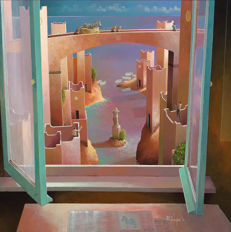 Evening reception by Michiel Schrijver | architecture painting in acrylic on canvas 105 x 105 cm
