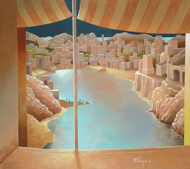 Embracing the void by Michiel Schrijver | architecture painting in acrylic on canvas 85 x 95 cm