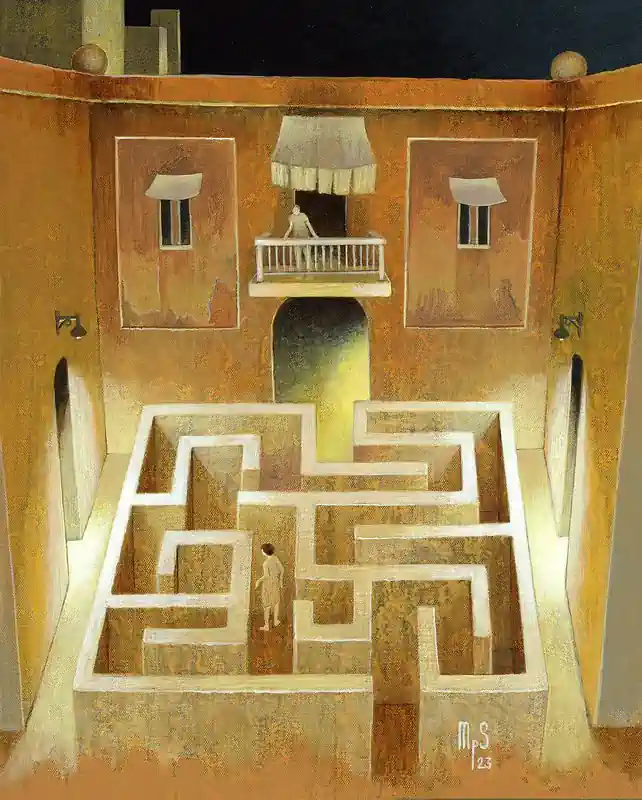 Labyrinth | Evening hours by Michiel Schrijver | architecture painting in acrylic on canvas 49 x 59 cm