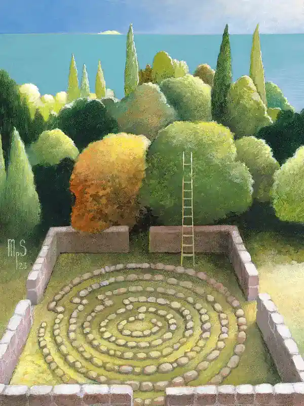 Labyrinth | The ladder by Michiel Schrijver | architecture painting in acrylic on canvas 39 x 49 cm