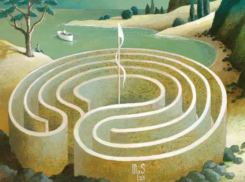 Labyrinth | Maze by the sea by Michiel Schrijver | architecture painting in acrylic on canvas 39 x 49 cm