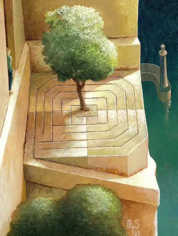 Labyrinth | The suspicion by Michiel Schrijver | architecture painting in acrylic on canvas 39 x 49 cm