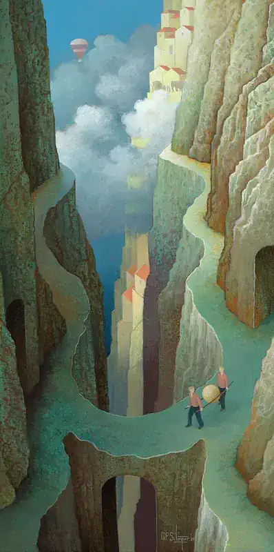 The narrow path to the North by Michiel Schrijver | architecture painting in acrylic on canvas 60 x 115 cm