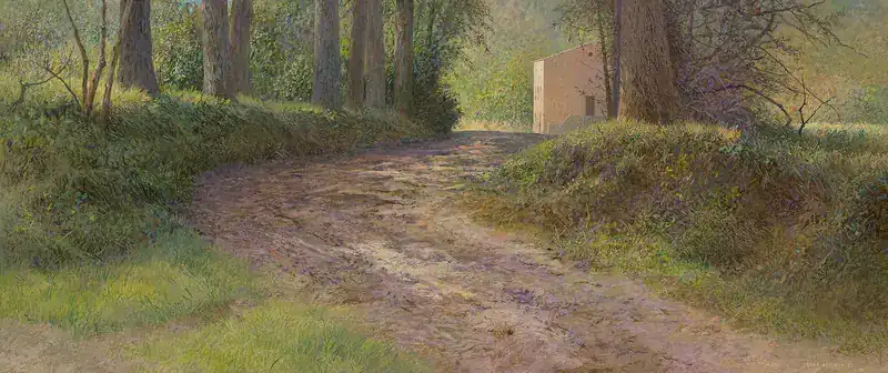 Near Sargelat by Peter Durieux | landscape painting in acrylic on panel 31 x 60 cm
