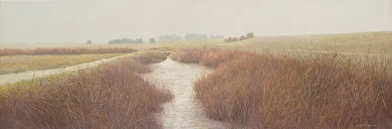 Above Usquert by Peter Durieux | landscape painting in acrylic on panel 30 x 70 cm