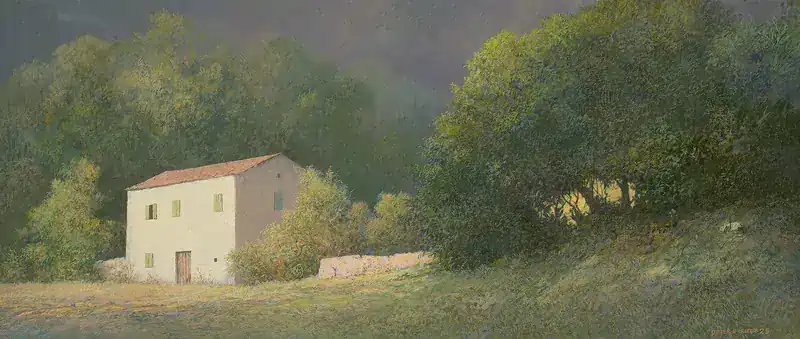 La Plaine de Coulet by Peter Durieux | landscape painting in acrylic on panel 24 x 50 cm