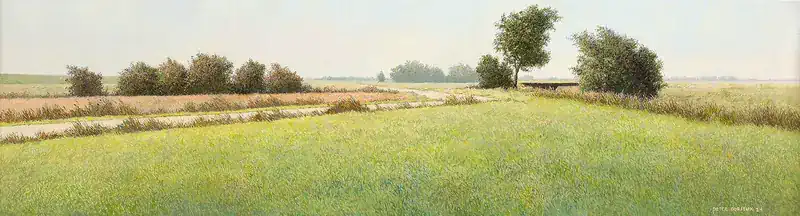Along the polder ditch by Peter Durieux | landscape painting in acrylic on panel 21 x 50 cm