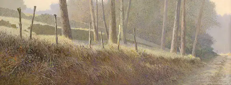 Old railway line by Peter Durieux | landscape painting in acrylic on panel 25 x 50 cm