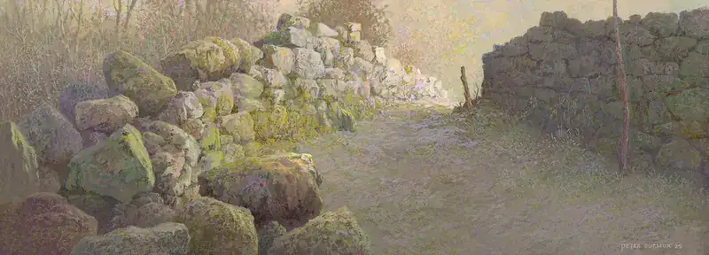 Quiet path 2 by Peter Durieux | landscape painting in acrylic on panel 23 x 47,5 cm
