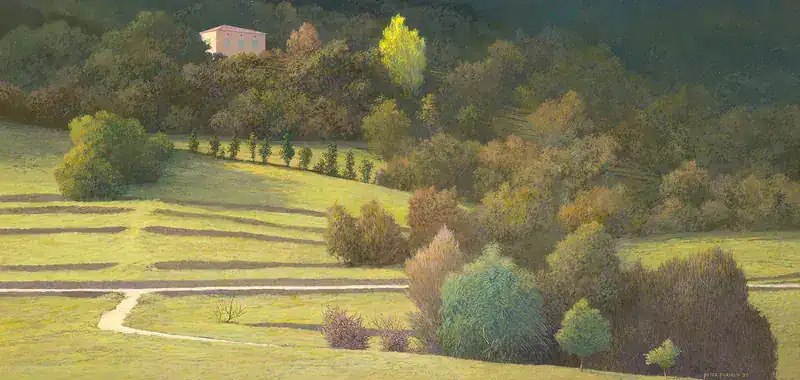 Veyrassac by Peter Durieux | landscape painting in acrylic on panel 34 x 60 cm