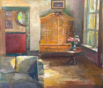 Een warme dag van Simeon Nijenhuis | interieur schilderij in olieverf op paneel 52 x 57 cm