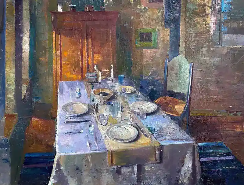 The breakfast table by Simeon Nijenhuis | interior painting in oil on panel 53 x 64 cm