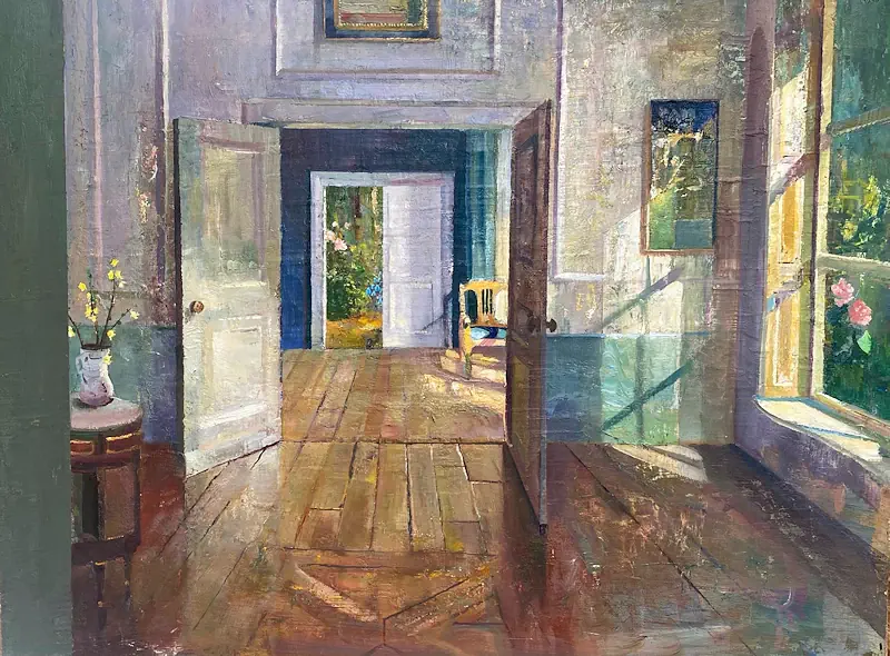 Through the room by Simeon Nijenhuis | interior painting in oil on panel 54 x 68 cm