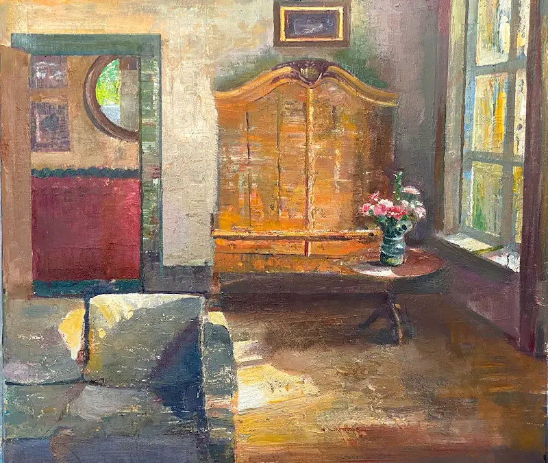 A hot day by Simeon Nijenhuis | interior painting in oil on panel 52 x 57 cm