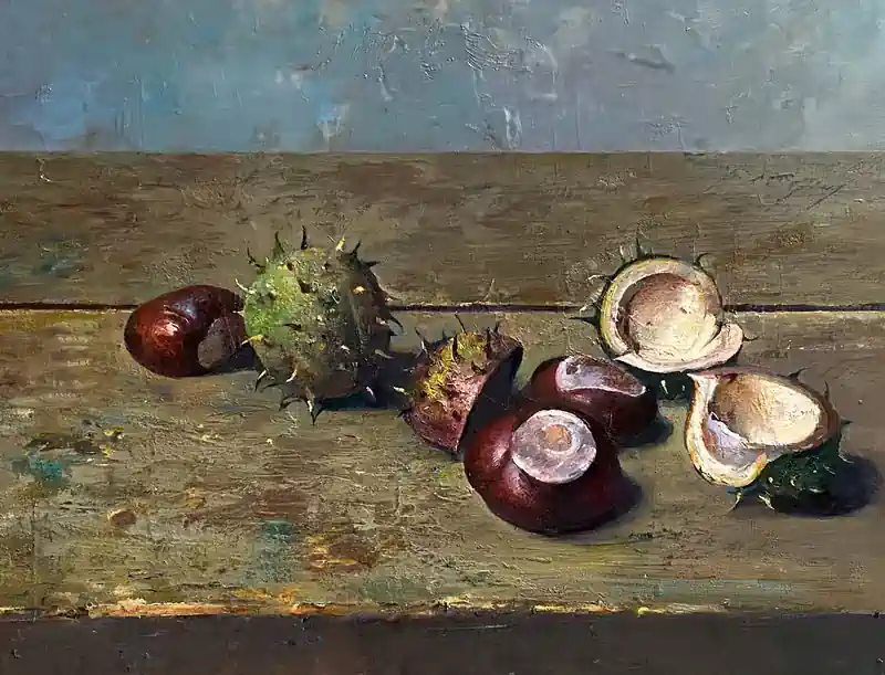 September morning van Simeon Nijenhuis | interieur schilderij in olieverf op paneel 60 x 67 cm