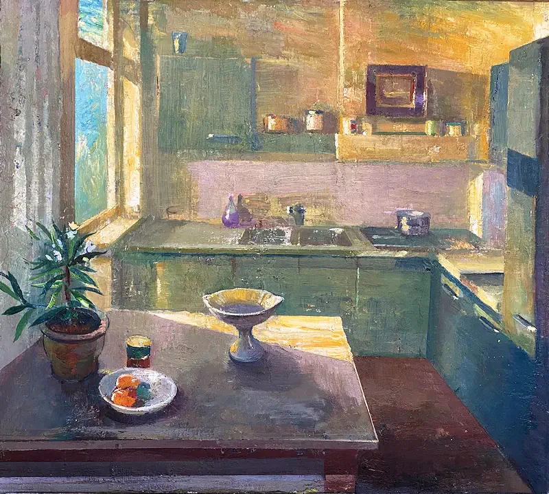 Kitchen in early morning by Simeon Nijenhuis | interior painting in oil on panel 50 x 55 cm