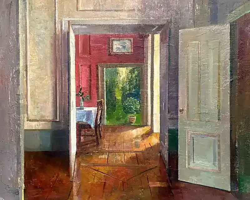 La chambre rouge by Simeon Nijenhuis | interior painting in oil on panel 52 x 62 cm