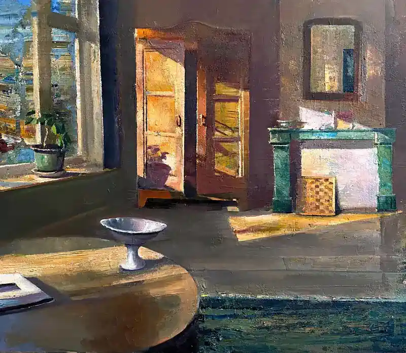 Middag van Simeon Nijenhuis | interieur schilderij in olieverf op paneel 49 x 55 cm