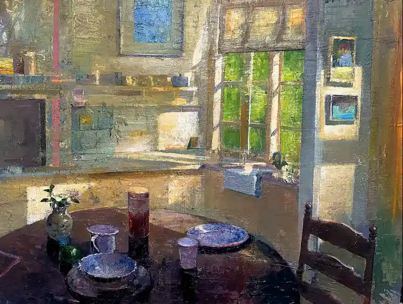 After breakfast by Simeon Nijenhuis | interior painting in oil on panel 51 x 63 cm