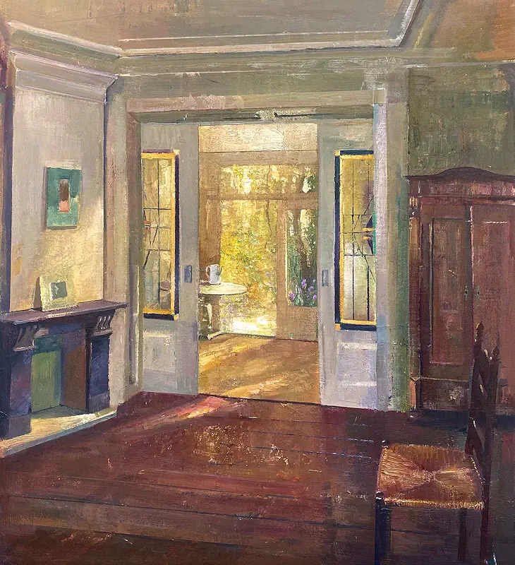 To the garden by Simeon Nijenhuis | interior painting in oil on panel 61 x 57 cm