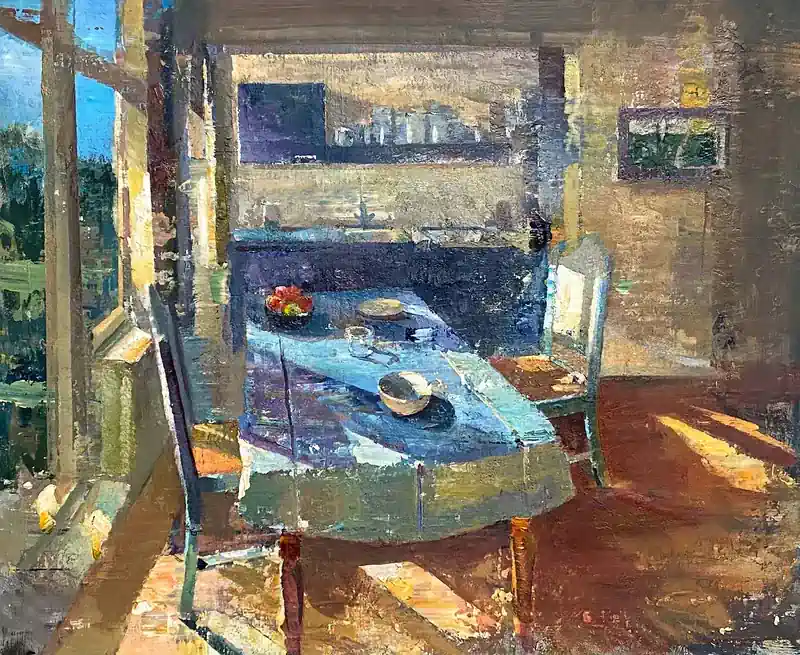 Nazomer van Simeon Nijenhuis | interieur schilderij in olieverf op paneel 48 x 57 cm