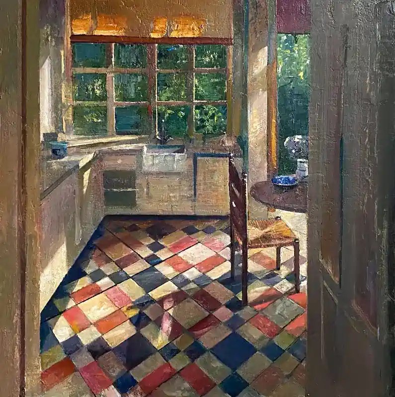 Ochtend in augustus van Simeon Nijenhuis | interieur schilderij in olieverf op paneel 55 x 55 cm