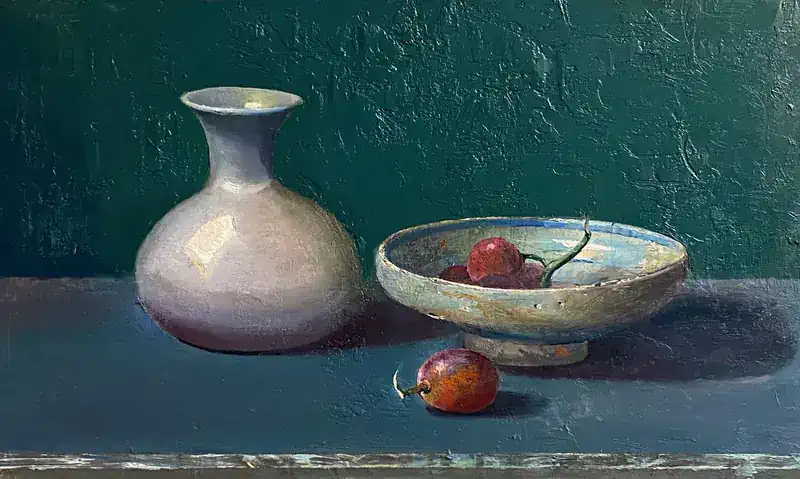 Stilleven met druiven van Simeon Nijenhuis | stilleven schilderij in olieverf op paneel 33 x 48 cm