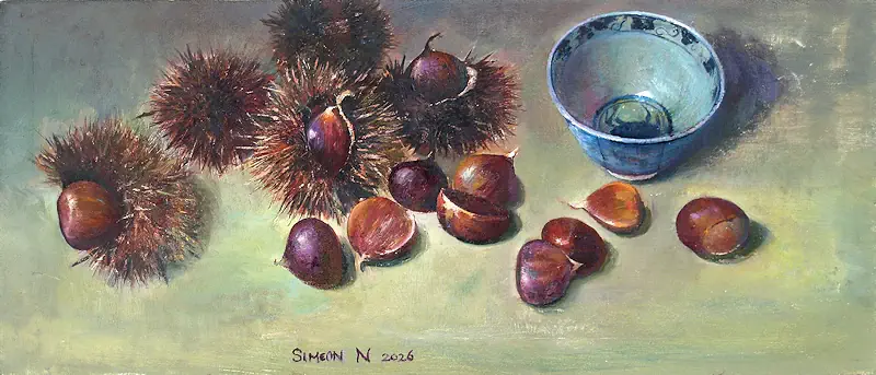Sweet chestnuts by Simeon Nijenhuis | still life painting in oil on panel 32 x 58 cm
